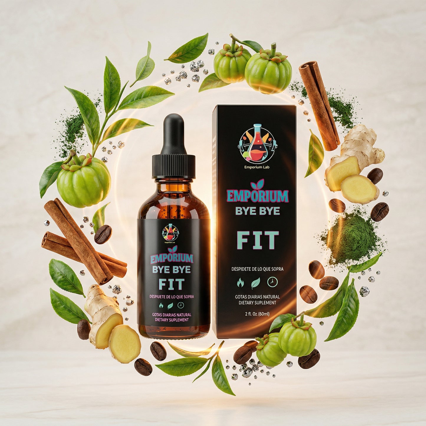 Bottle and packaging of Emporium Bye Bye Fit supplement with natural elements on a light background