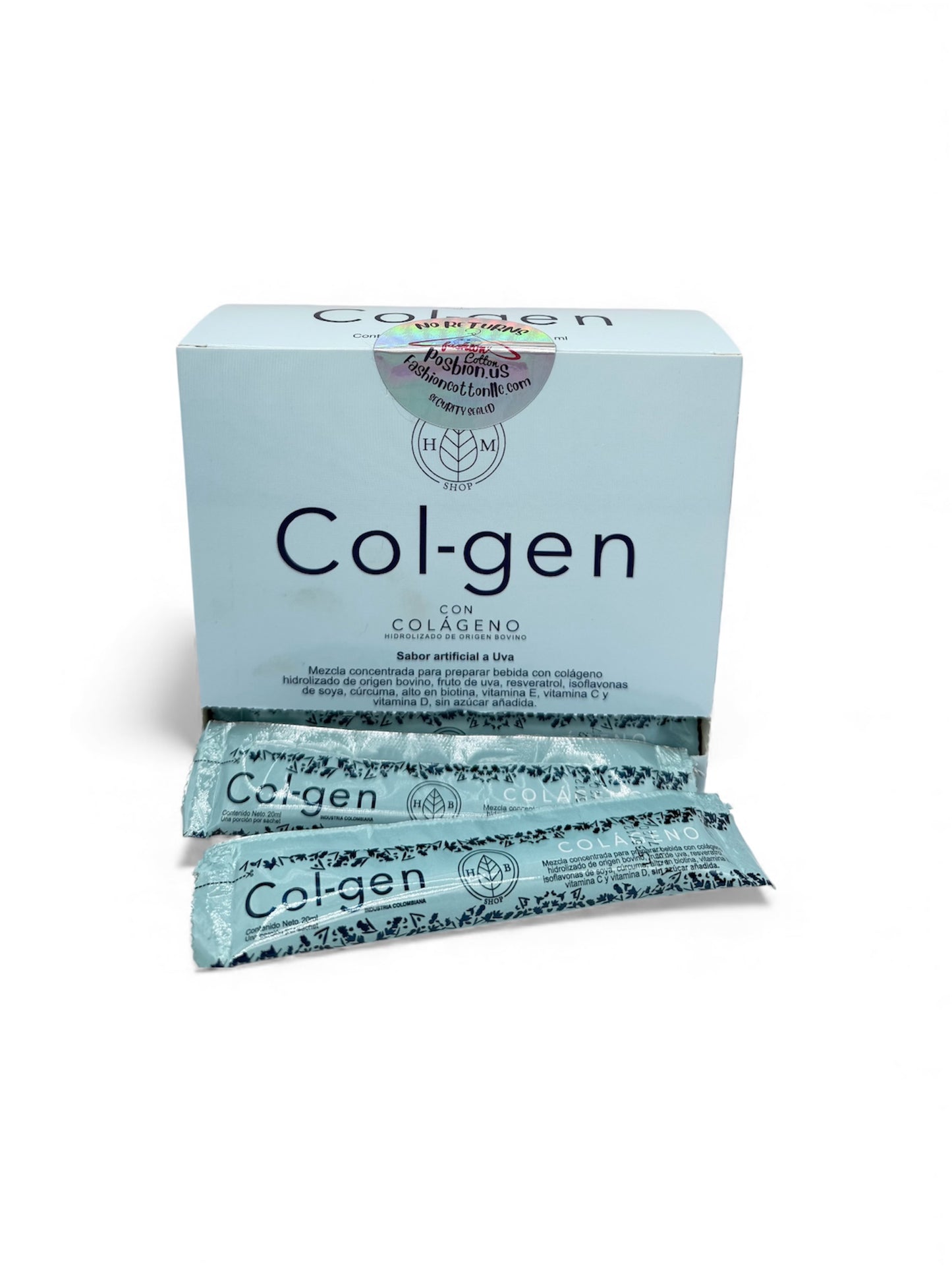 Box of Col-gen collagen with multiple packets on a white background