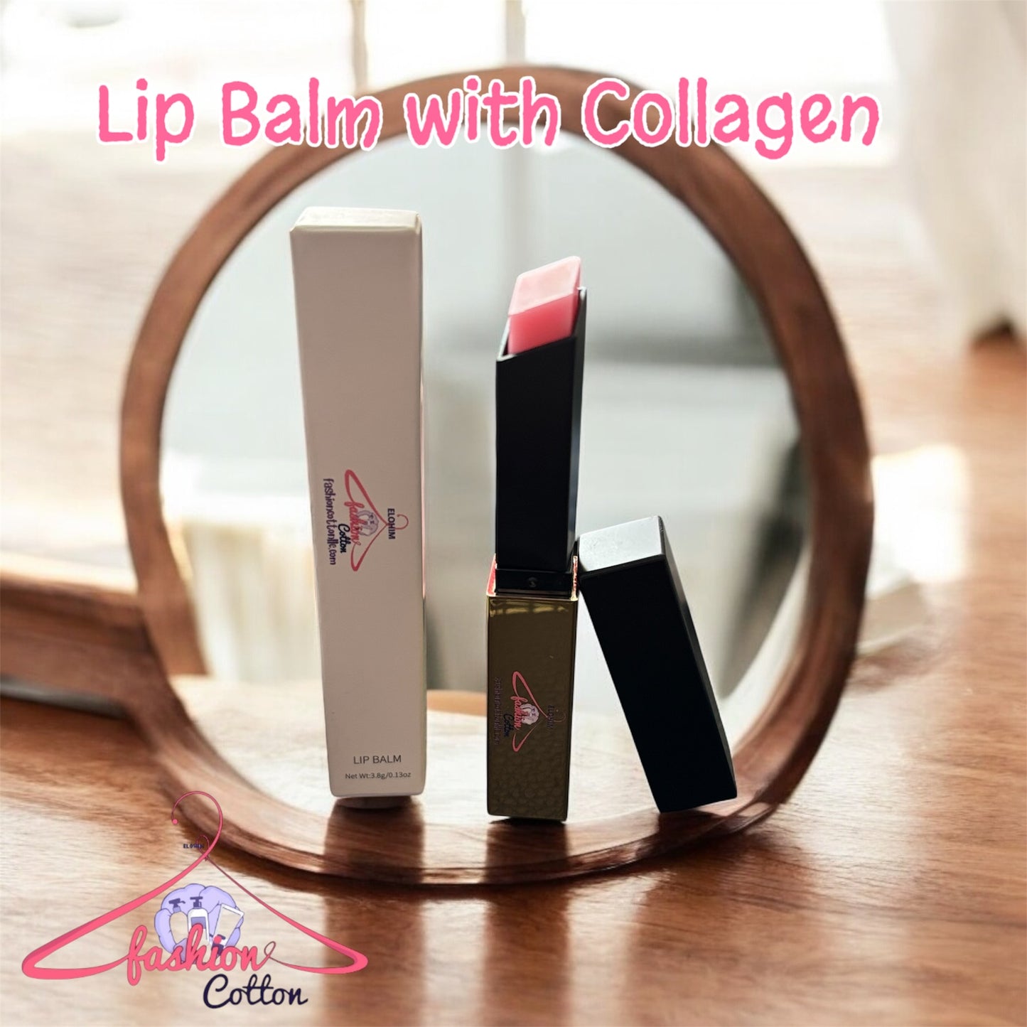 Lip balm with collagen on a wooden surface with a mirror in the background