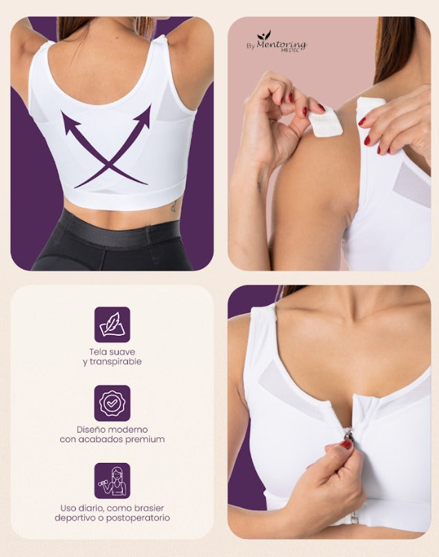 La colección de brasieres postquirúrgicos de Mentoring Medic® está disponible en blanco, nude y negro. Con cierre frontal, compresión balanceada, corrector de postura y pads removibles, es la prenda ideal para recuperación, soporte diario y realce natural del busto. Levanta, proyecta y corrige postura a la vez.