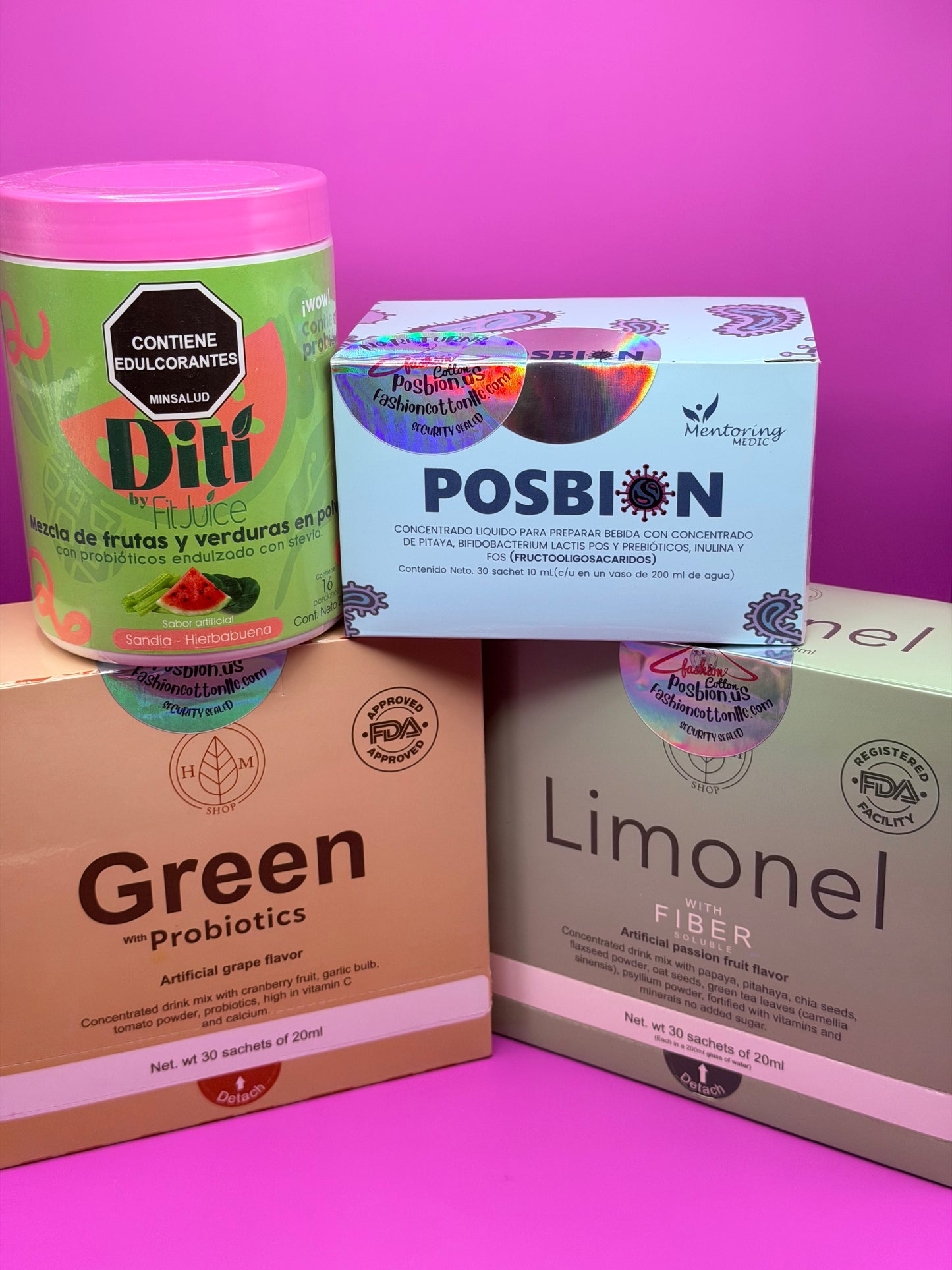 Four health product boxes on a pink background