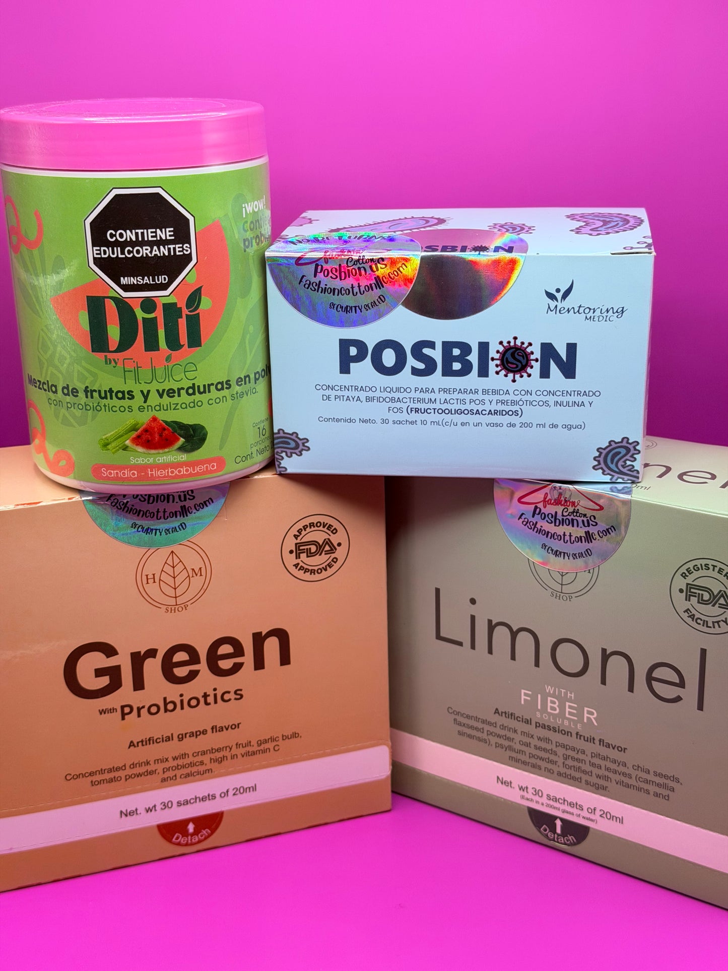 Collection of health and wellness products including a Posbion box, Diti container, and Limonel fiber product on a pink background.