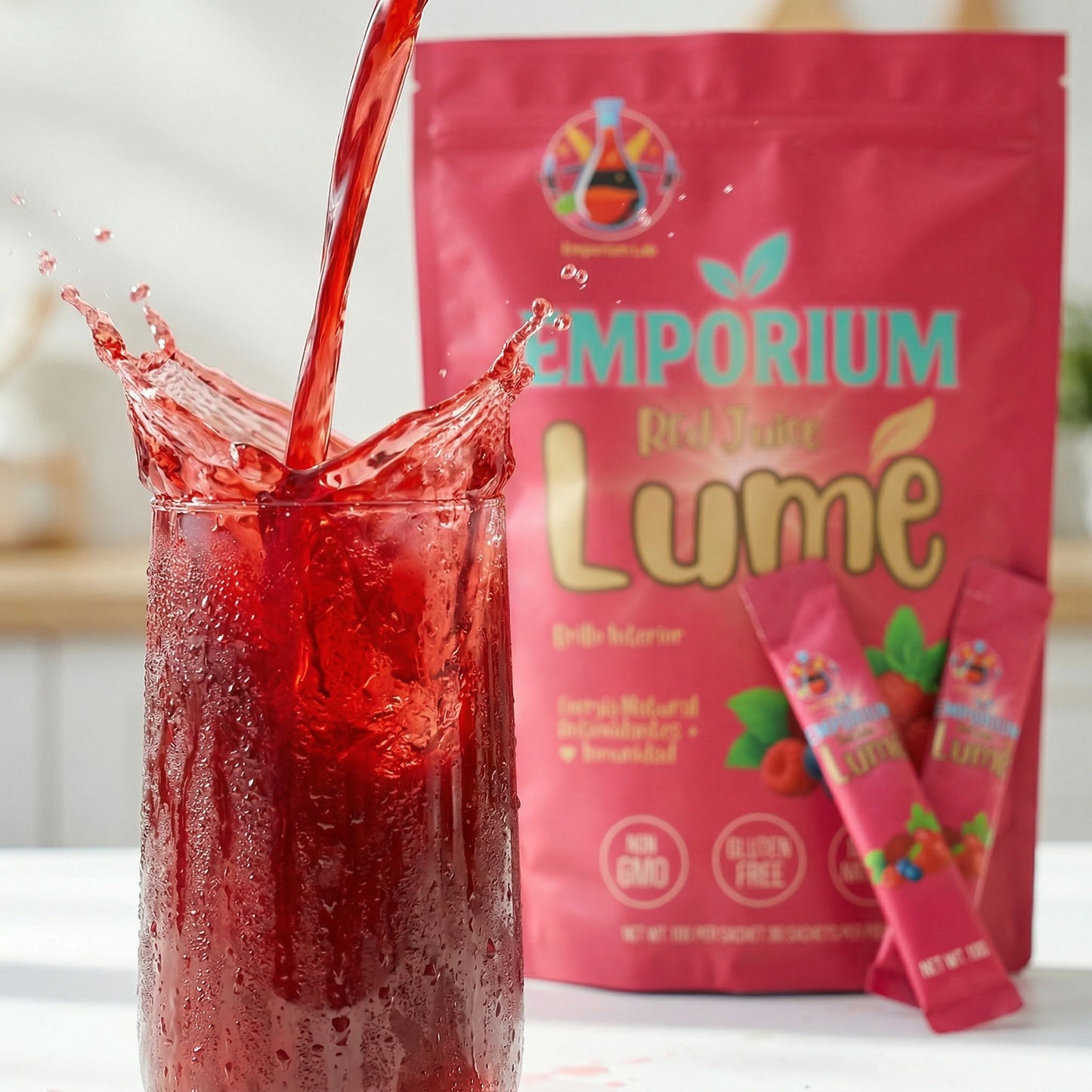 Red juice being poured into a glass with Emporium Lume packaging in the background.