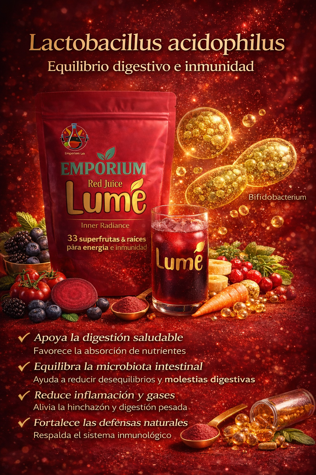 Emporium Red Juice Lume packaging with health benefits text on a red background