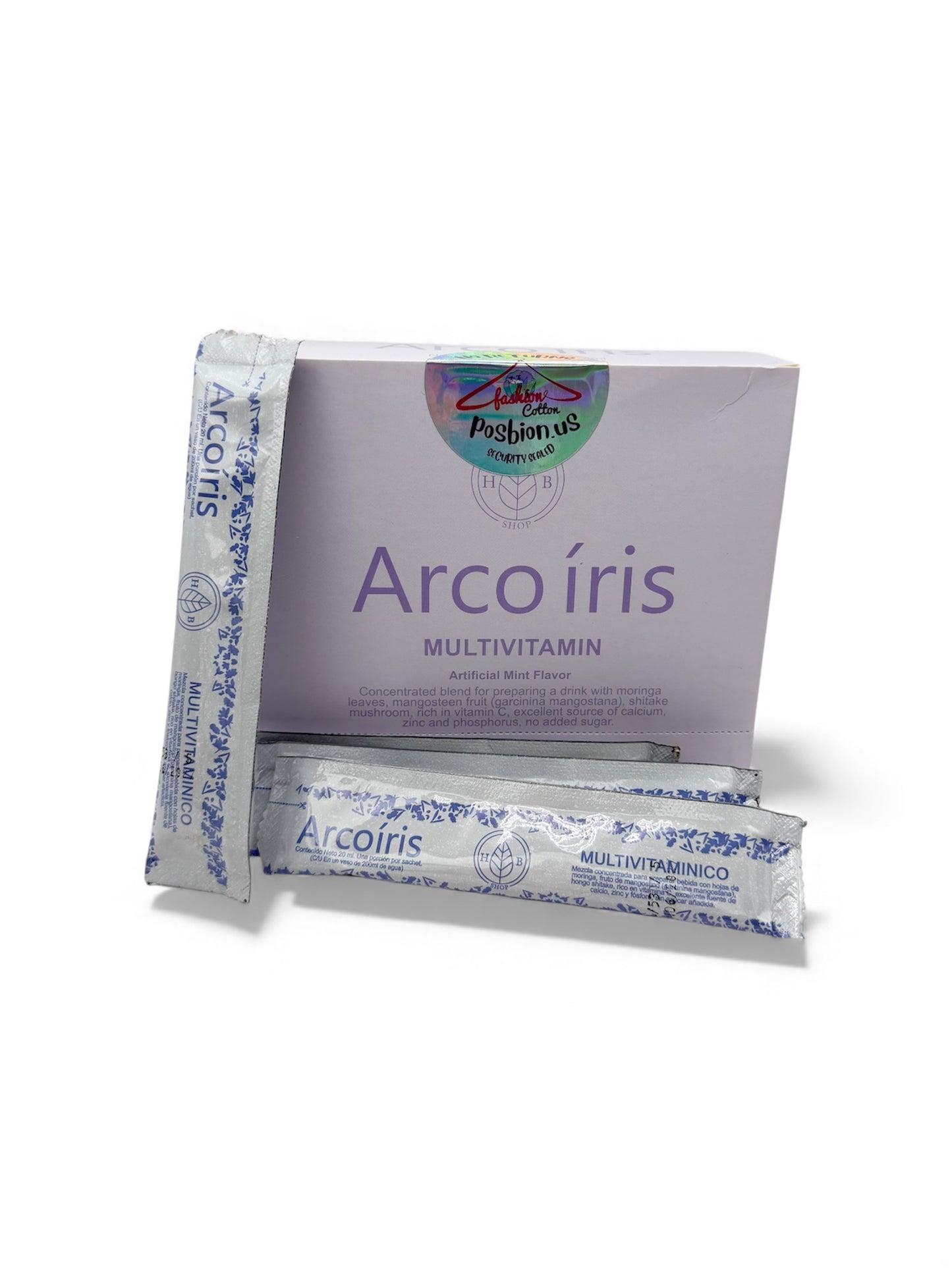“Arcoíris Multivitamin displayed with multiple sachets, nutritional drink mix rich in vitamins, minerals and antioxidants – distributed by Fashioncotton LLC.”