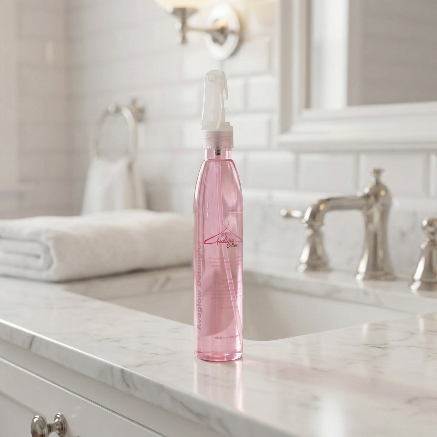 Pink spray bottle on a bathroom counter with a mirror and sink in the background