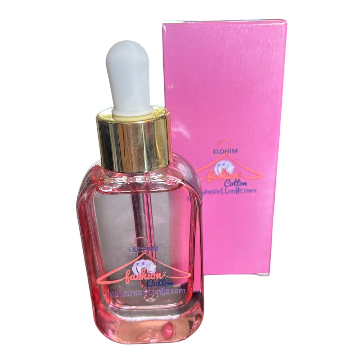 Pink perfume bottle with dropper and pink box on a white background