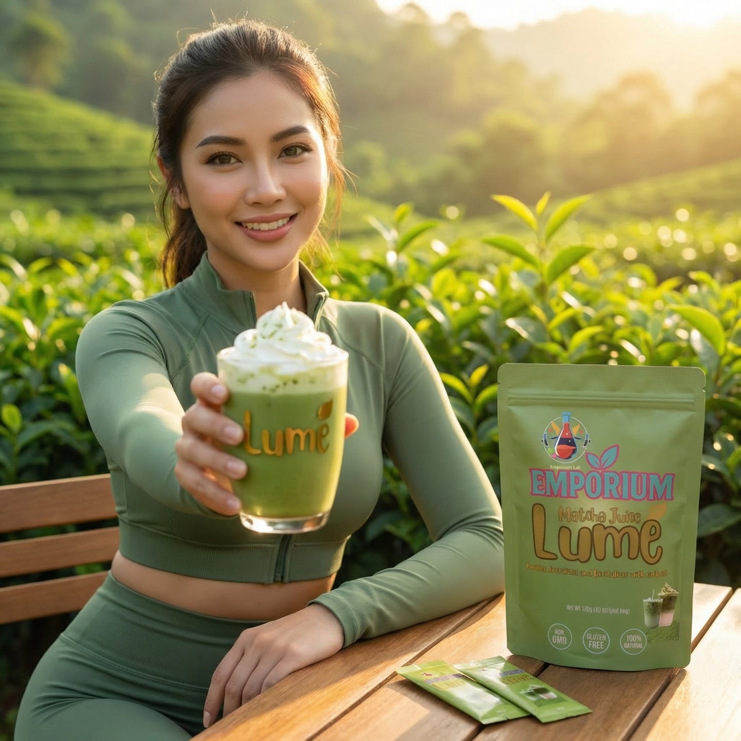 Woman holding a green drink with whipped cream in a tea field, next to Emporium Lume packaging.