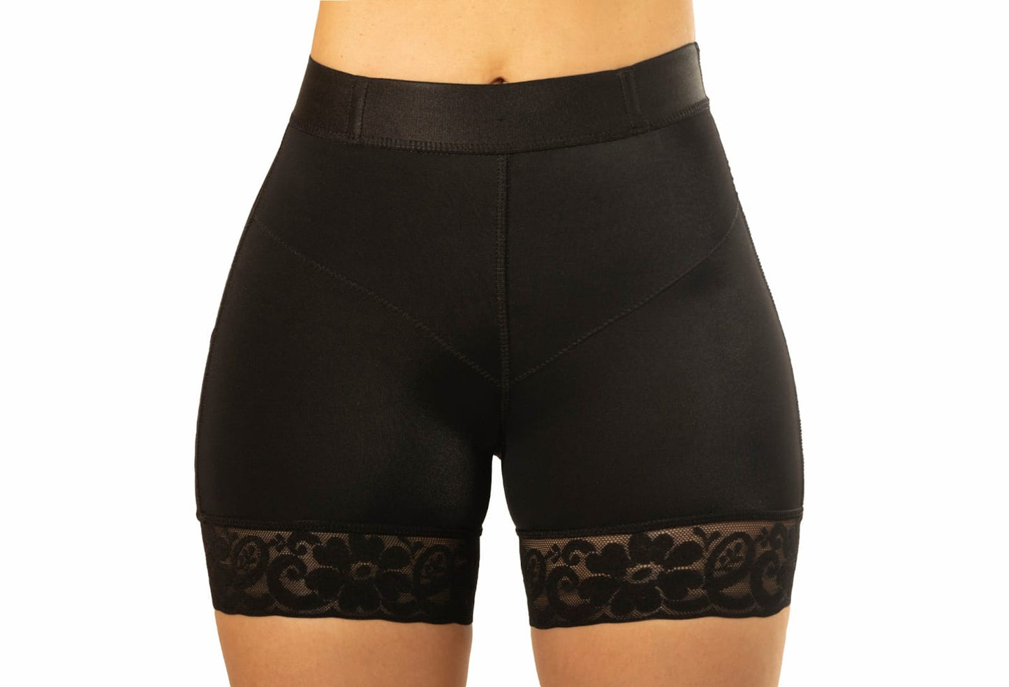 Black shapewear shorts with lace trim on a white background Posbion