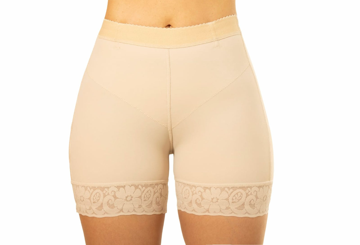 Beige shapewear shorts with lace trim on a white background posbion