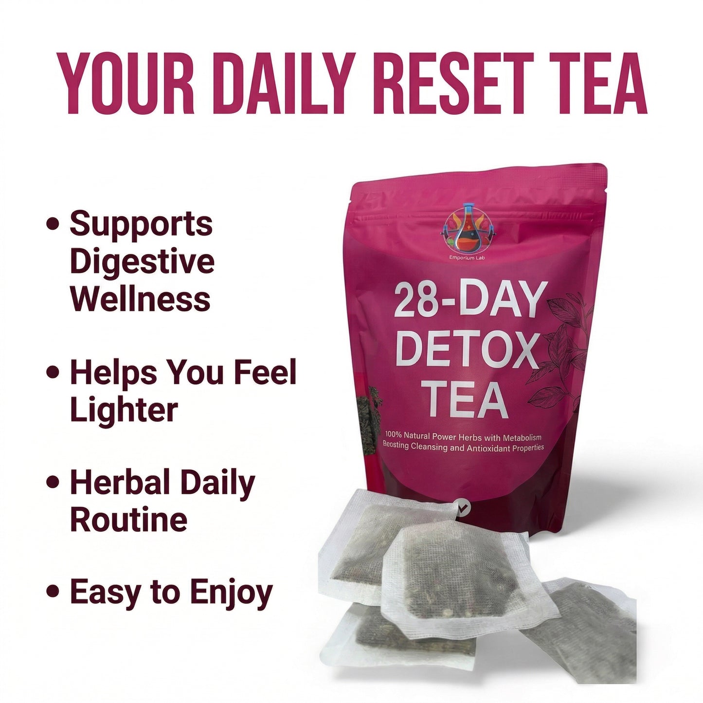 28-Day Detox Tea package with text highlighting benefits on a white background