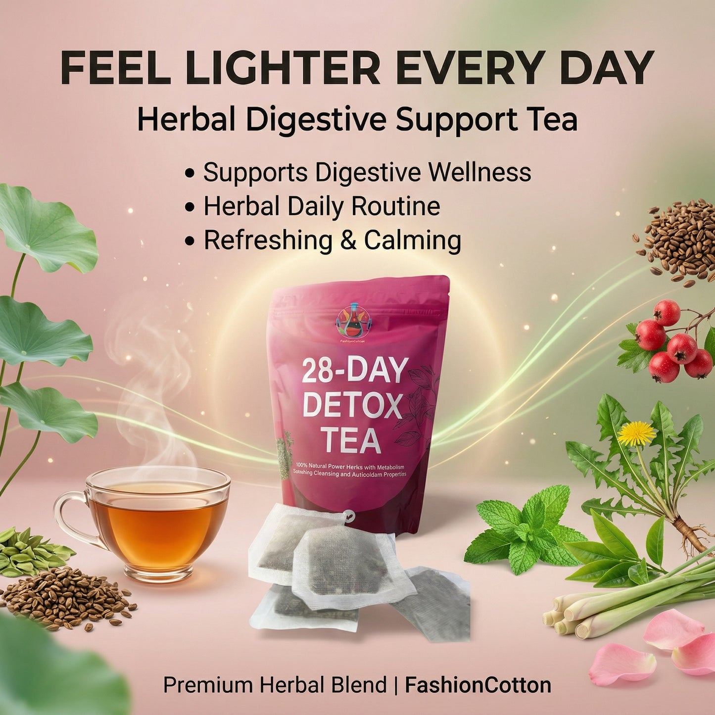 28-Day Detox Tea package with tea cup, tea bags, and herbs on a light pink background