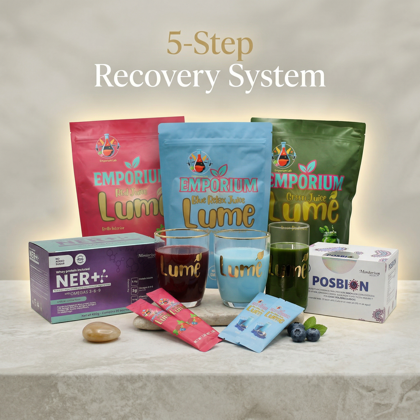 5-Step Recovery System with various products including bags and boxes on a neutral background