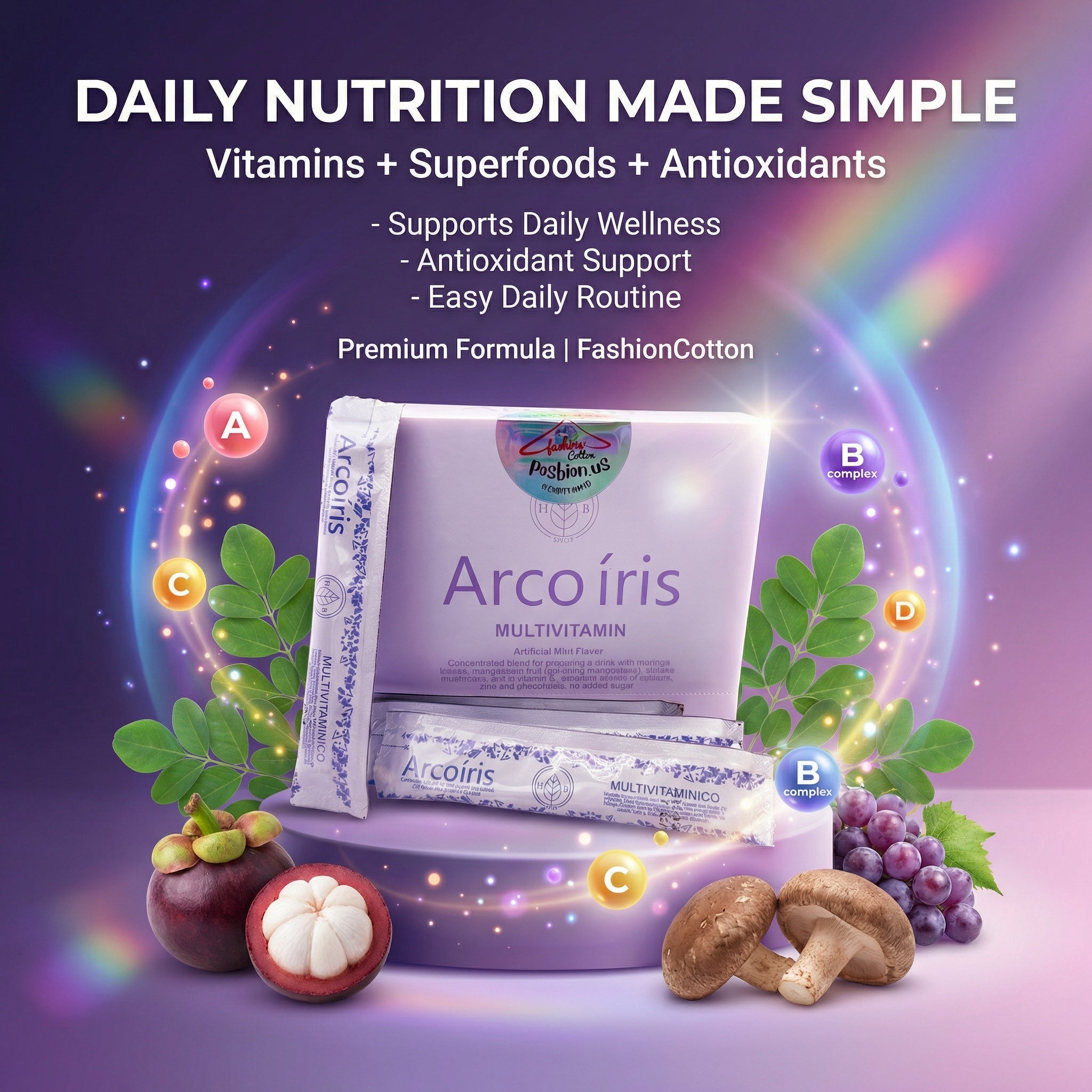 Multivitamin package with vitamins and superfoods on a purple background