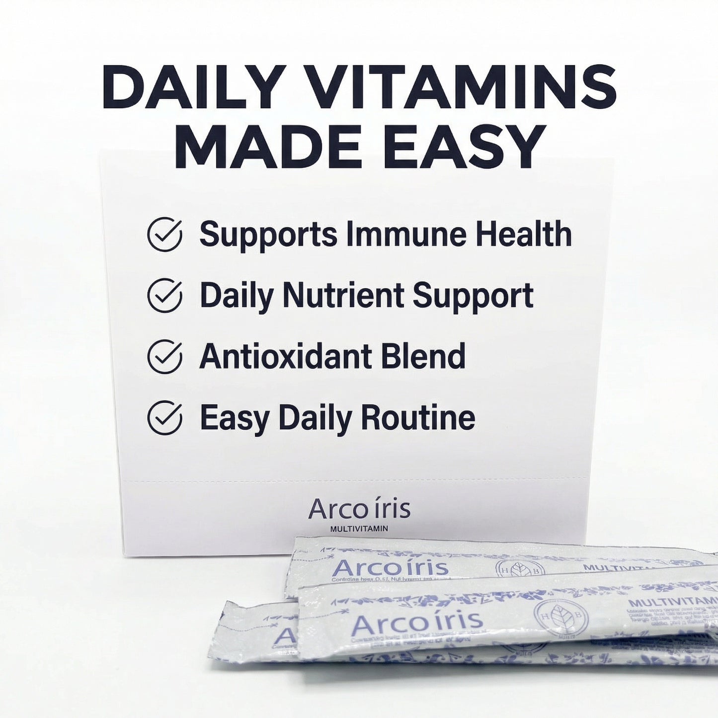Arcoiris daily vitamins packaging with text highlighting benefits on a white background