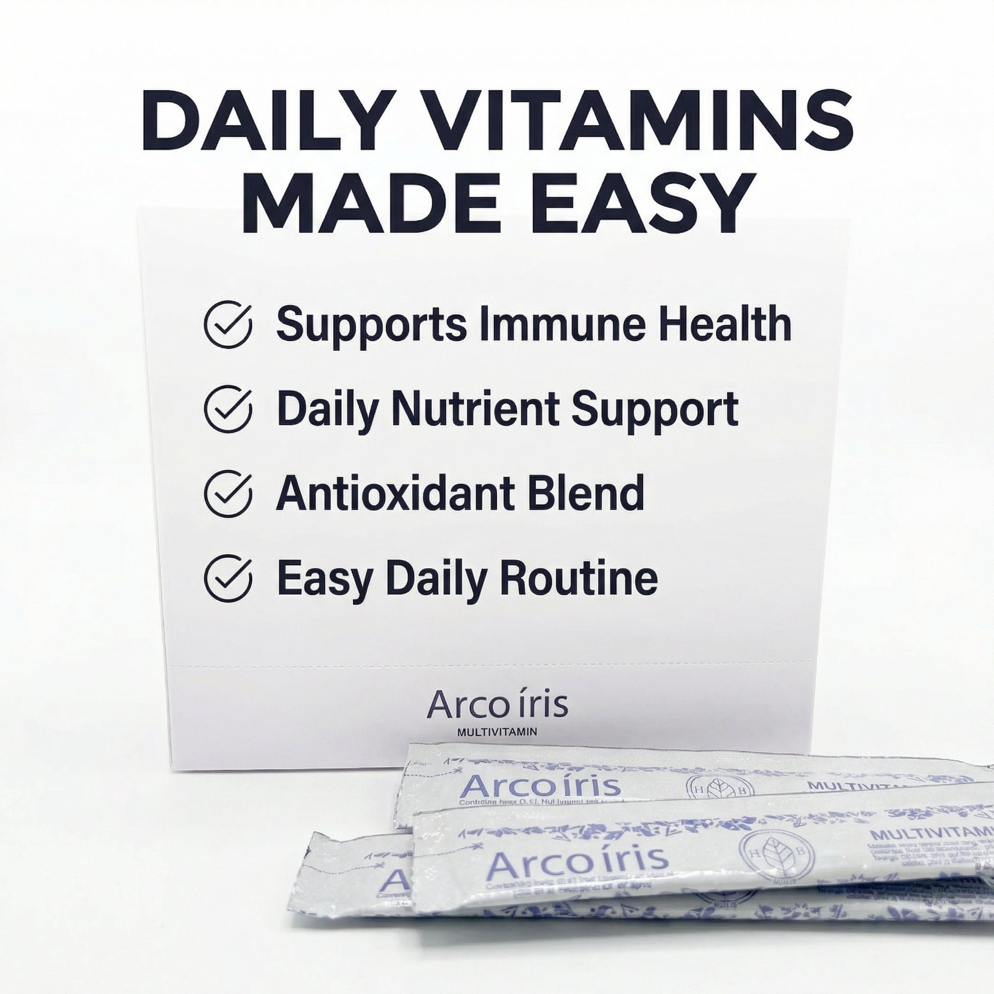 Arcoiris daily vitamins packaging with text highlighting benefits on a white background
