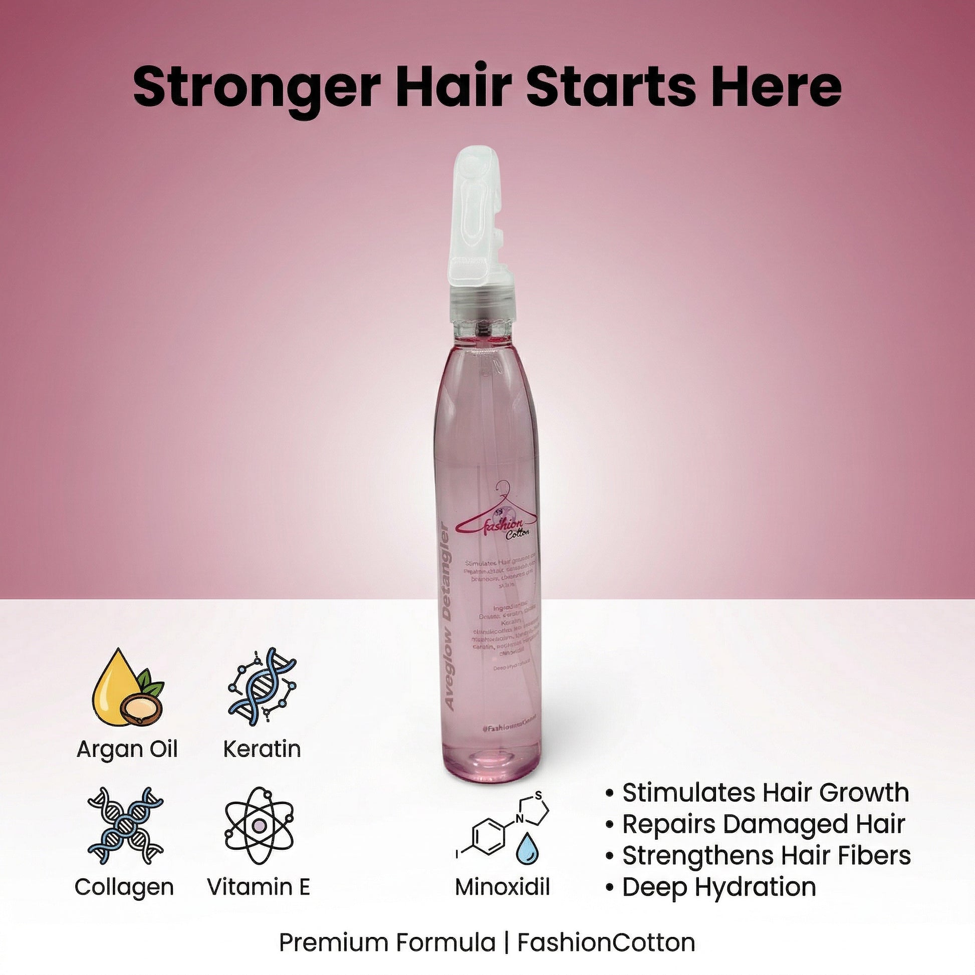 Bottle of hair care product with ingredients and benefits listed on a pink background