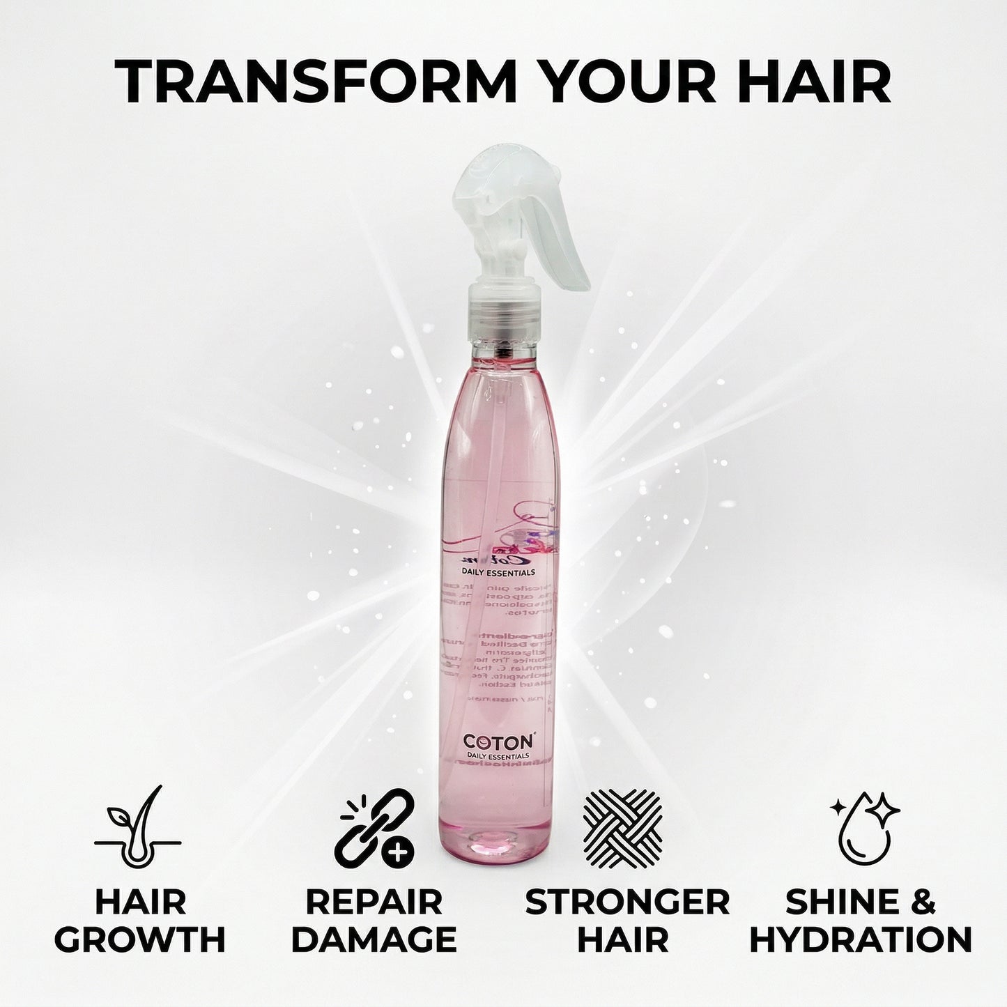 Pink hair care product bottle with text 'Transform Your Hair' and icons for hair care benefits on a white background.