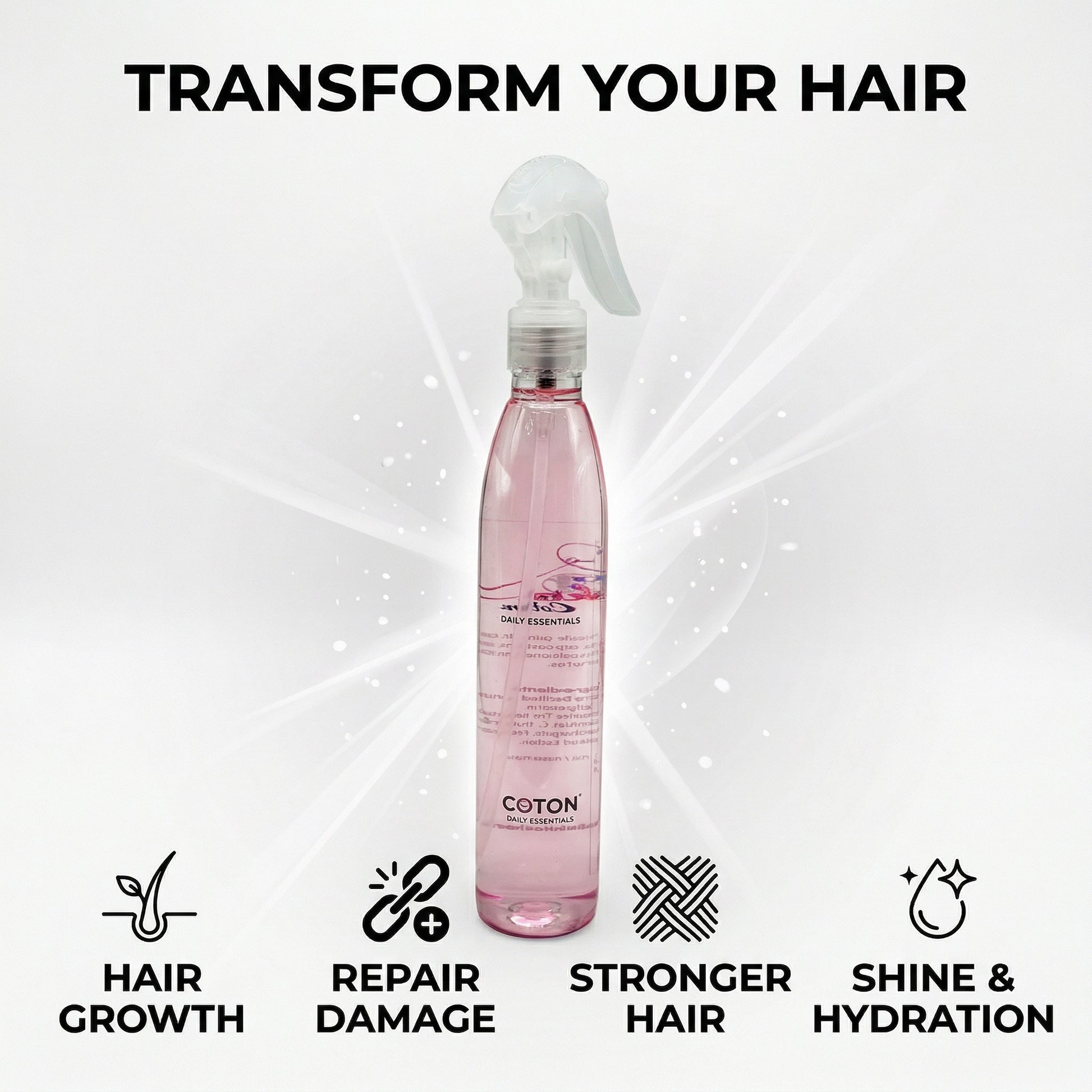 Pink hair care product bottle with text 'Transform Your Hair' and icons for hair care benefits on a white background.