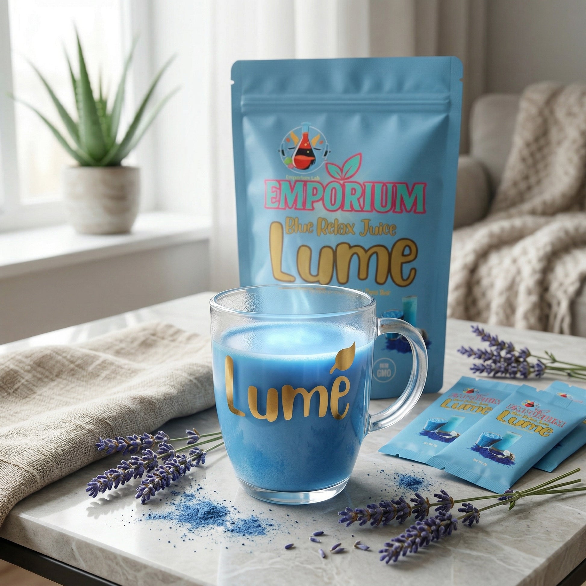 Blue Lume drink mix with packaging and a glass on a table.