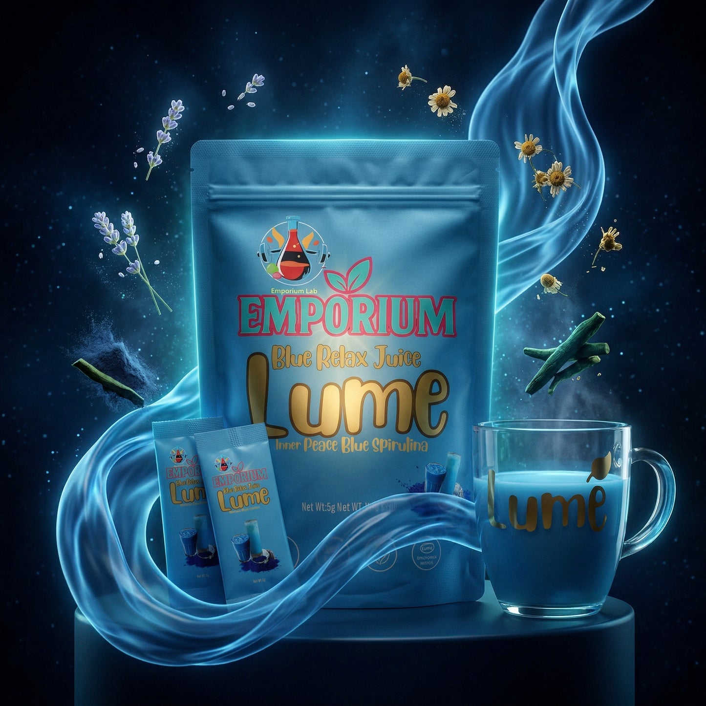 Emporium Lume tea packaging with a mug and tea bags on a dark background