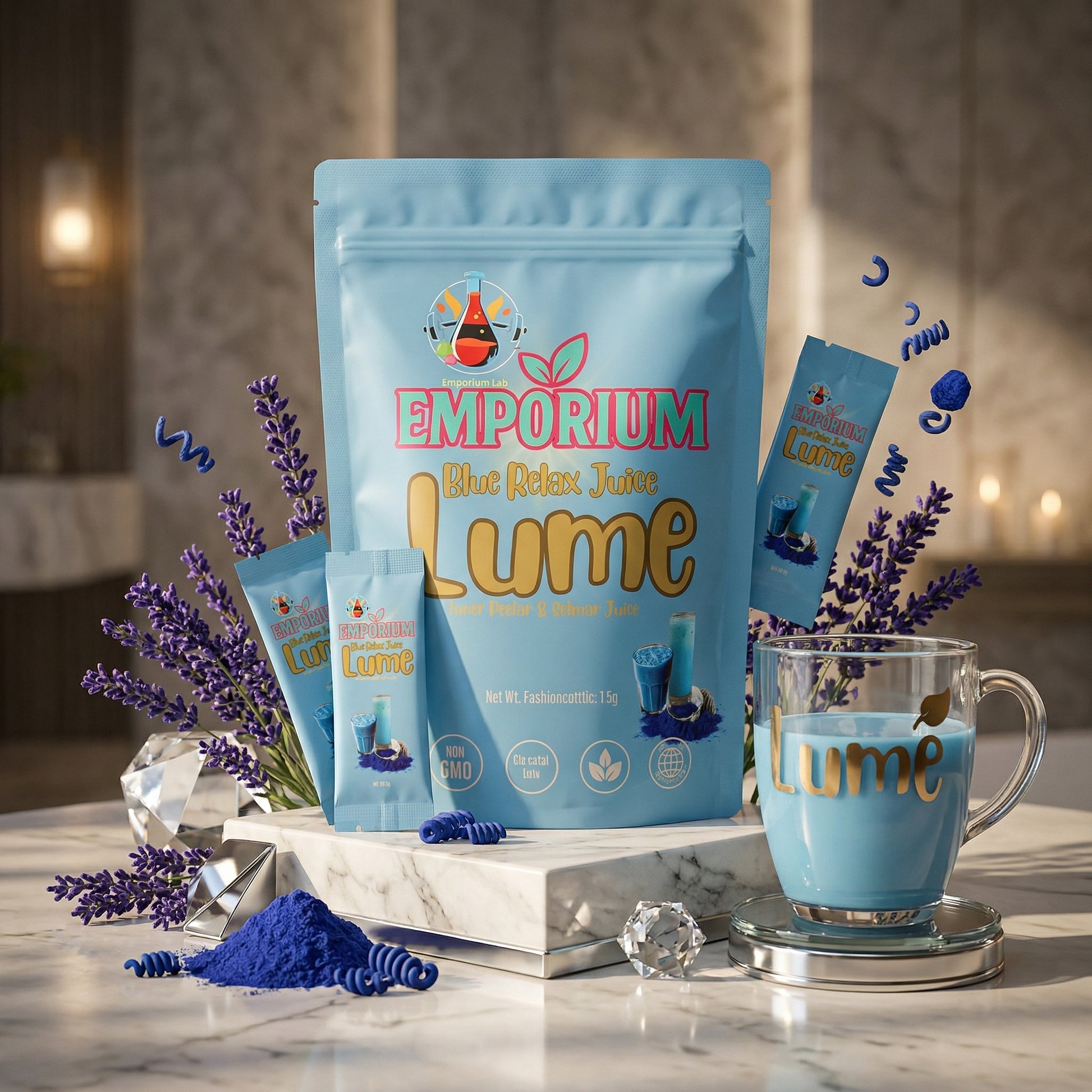 Emporium Lume product packaging with a cup of blue liquid on a marble surface.