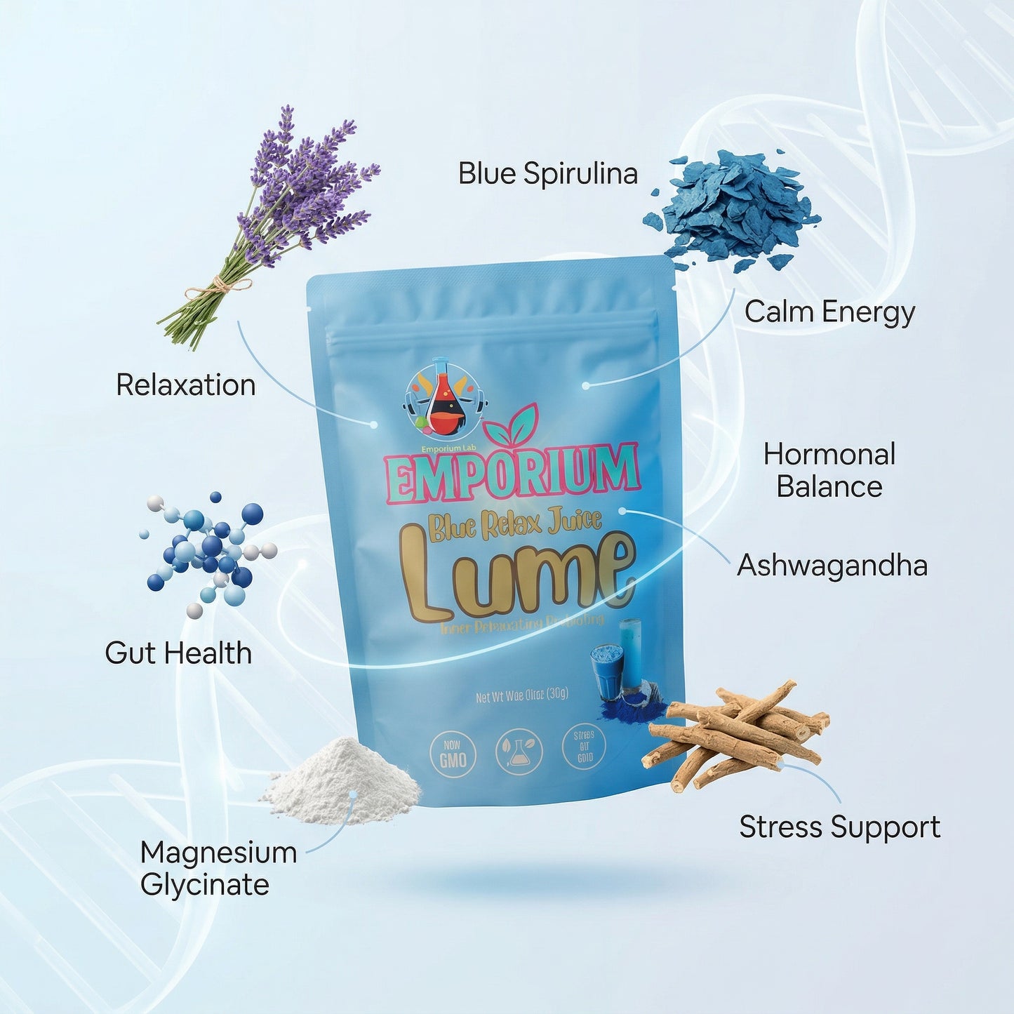 Emporium Blue Spirulina Lume packaging with health benefits displayed on a light blue background