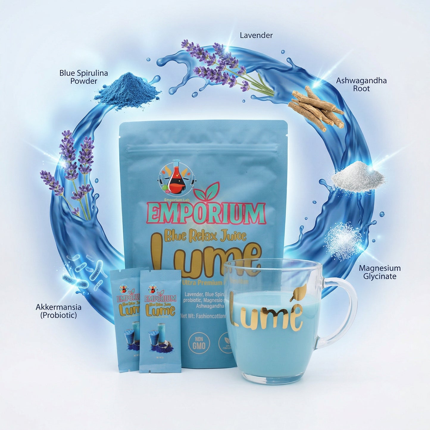 Emporium Lume product packaging with a mug and ingredients on a light blue background