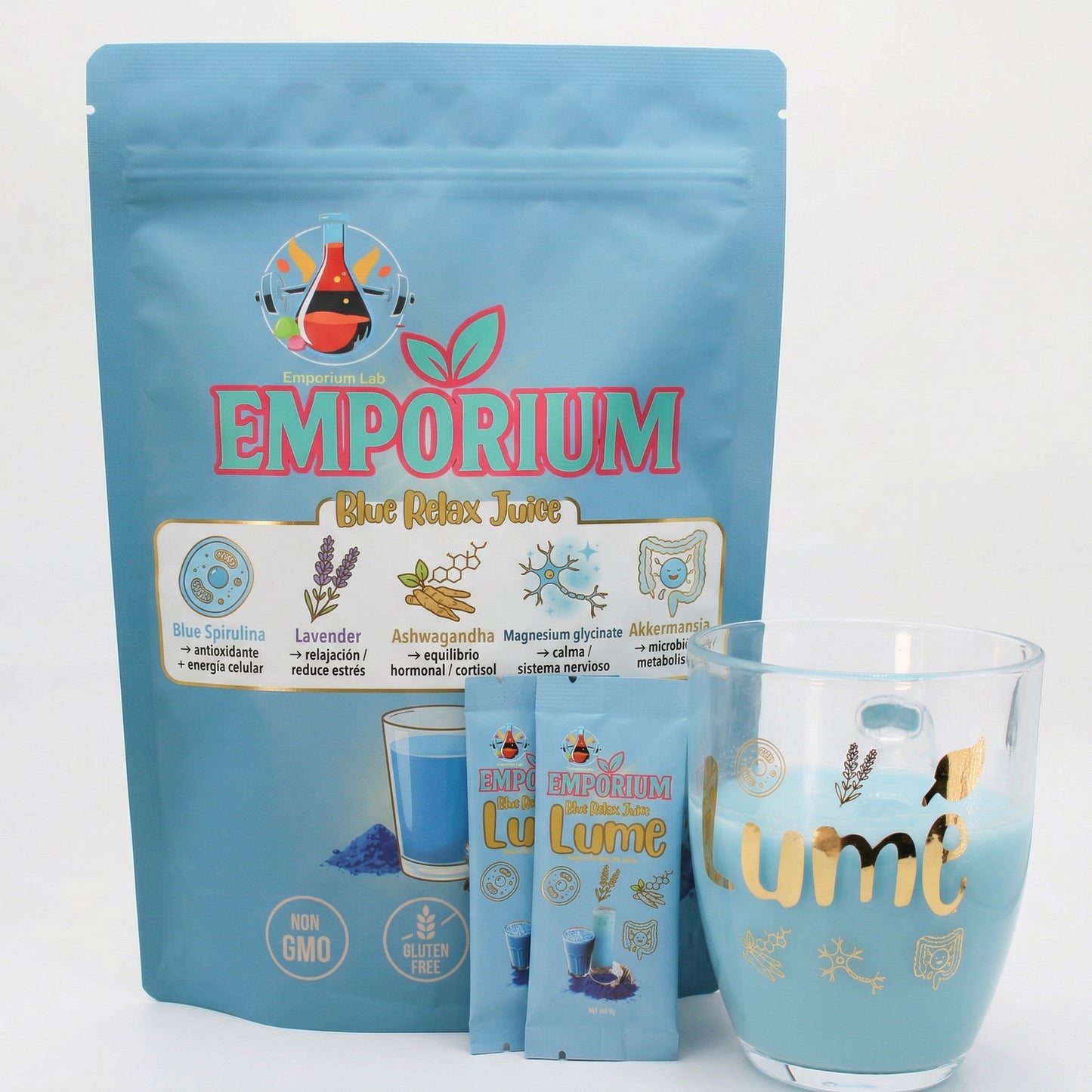 Emporium Blue Relax Juice packaging with a glass and packets on a white background