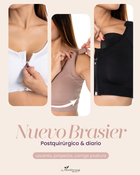 El brasier postquirúrgico blanco de Mentoring Medic® ofrece compresión uniforme en espalda y laterales, ideal para recuperación tras cirugía de busto o uso diario. Con tela suave y transpirable, cierre frontal y pads removibles, brinda comodidad, soporte y una postura más erguida durante todo el día
