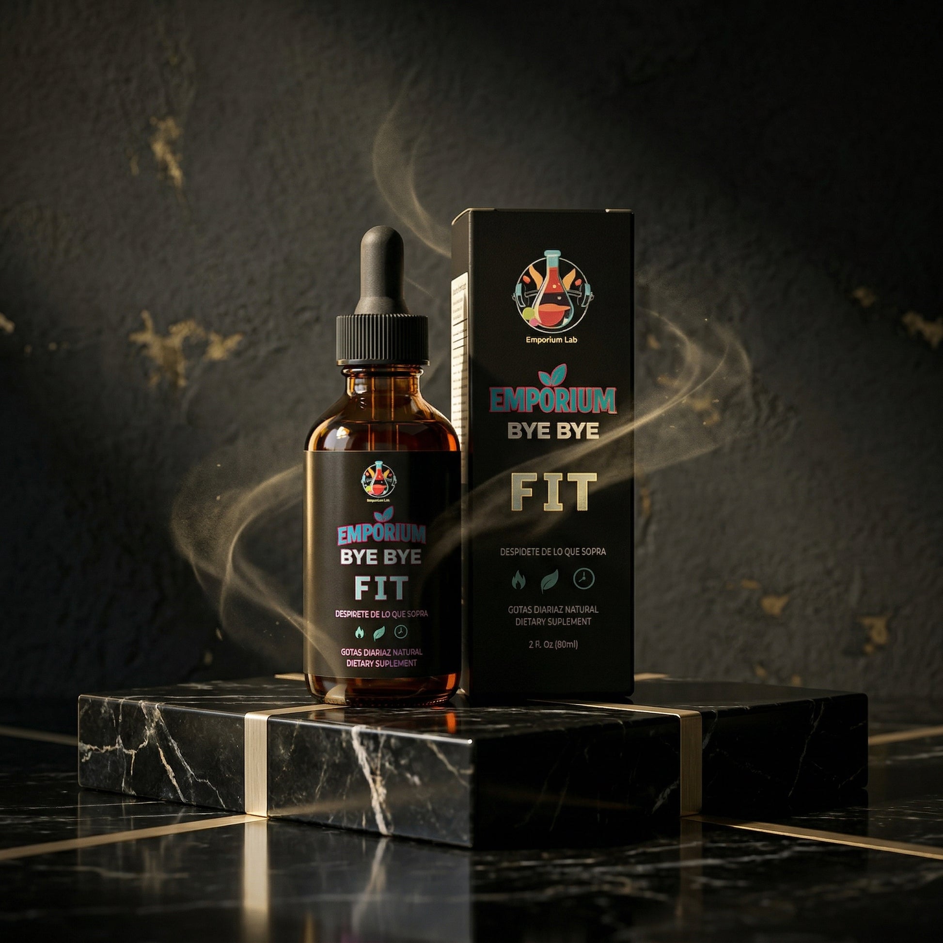 Bottle and packaging of Emporium Bye Bye Fit on a dark background