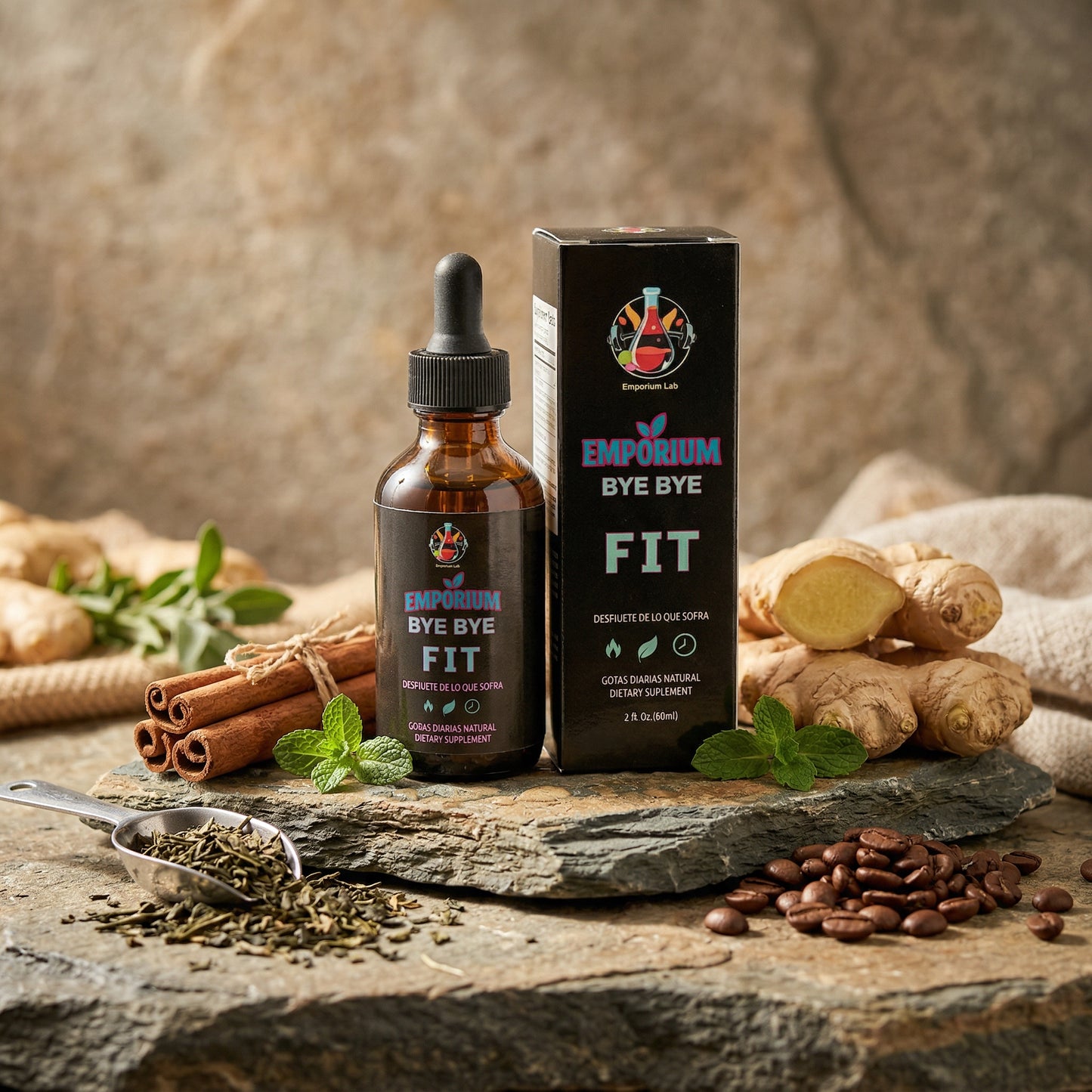 Bottle and packaging of 'Emporium' product on a stone surface with natural ingredients.