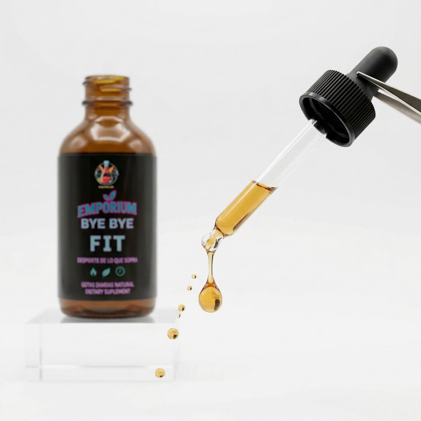Bottle of 'Bye Bye Fit' with a dropper on a white background