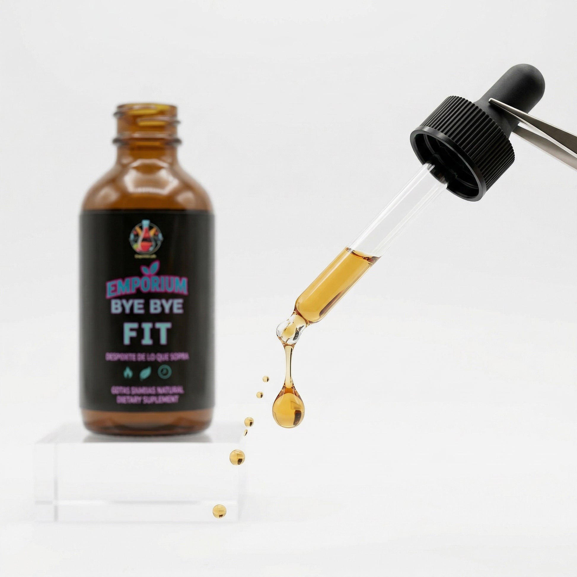 Bottle of 'Bye Bye Fit' with a dropper on a white background