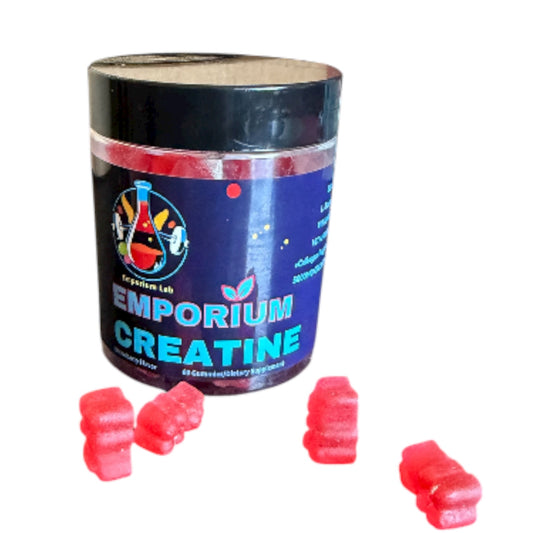 Container of Emporium Creatine with red gummy bears on a white background
