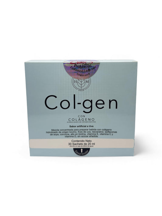 “Vista frontal de la caja Col-gen con colágeno hidrolizado de origen bovino, suplemento con vitaminas y antioxidantes – disponible en México.”