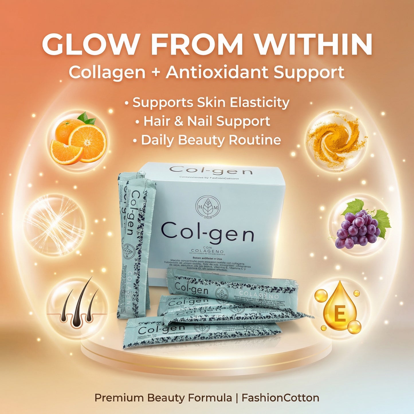 Col-gen collagen packets with benefits on a warm gradient background