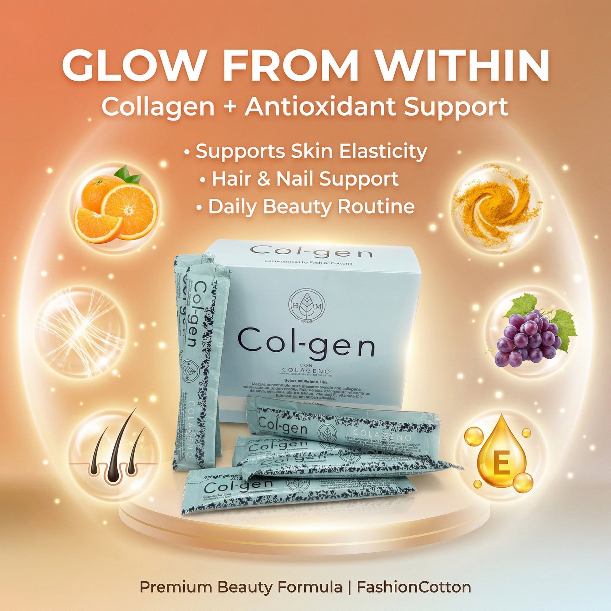 Col-gen collagen packets with benefits on a warm gradient background