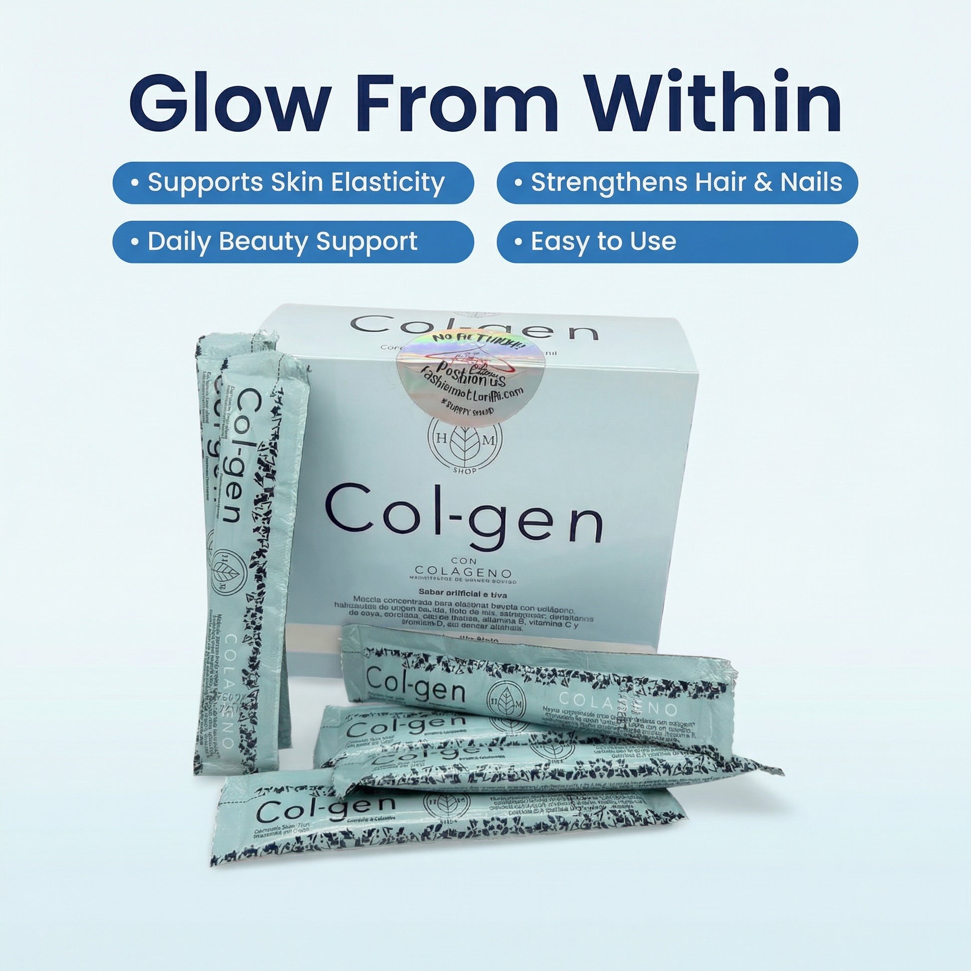Col-gen collagen packaging with text highlighting benefits on a white background