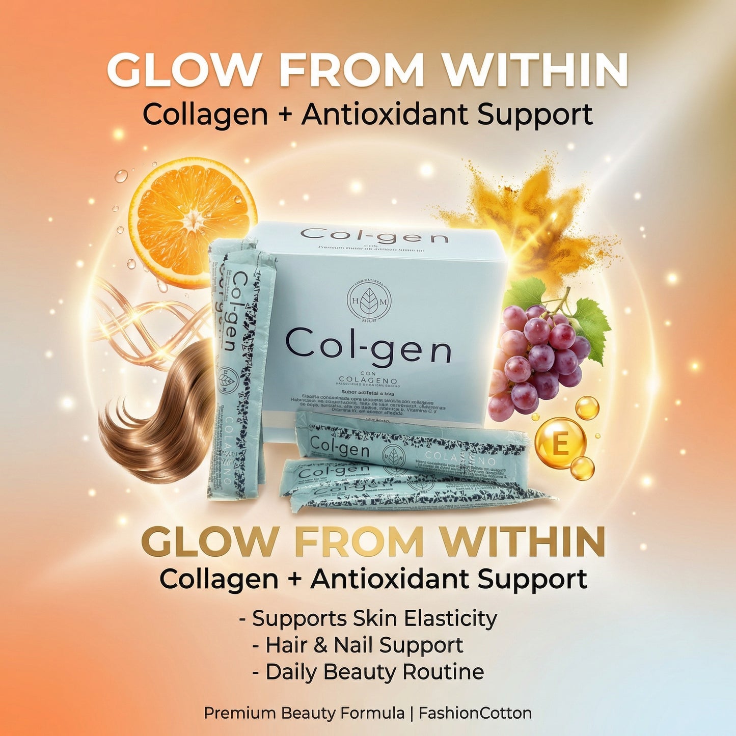 Collagen and antioxidant support product packaging with fruits and hair on a gradient background