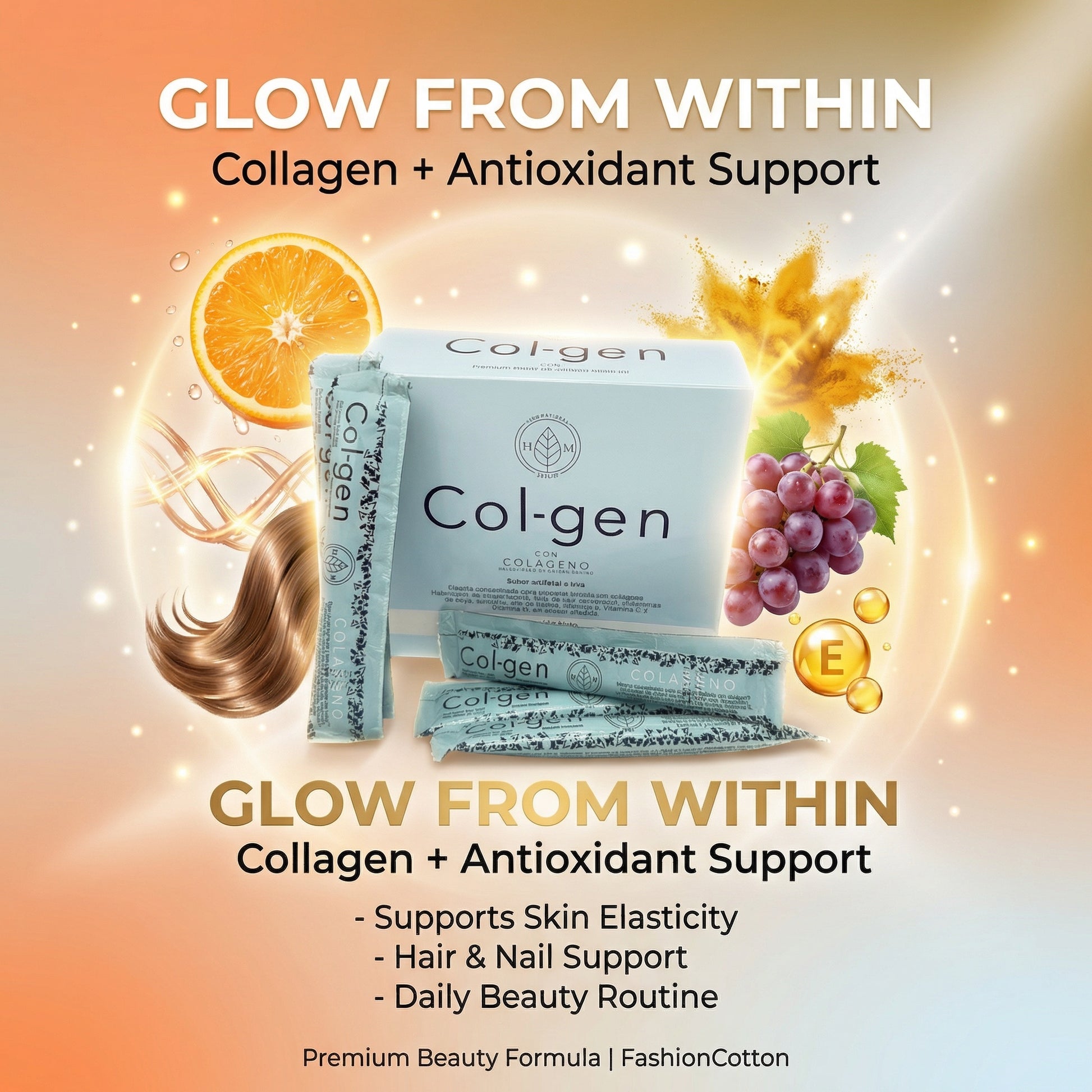 Collagen and antioxidant support product packaging with fruits and hair on a gradient background