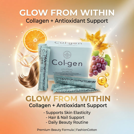 Collagen and antioxidant support product packaging with fruits and hair on a gradient background