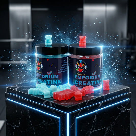 Two containers of 'Emporium Creatine' with gummy bears on a dark marble surface with glowing blue lights.