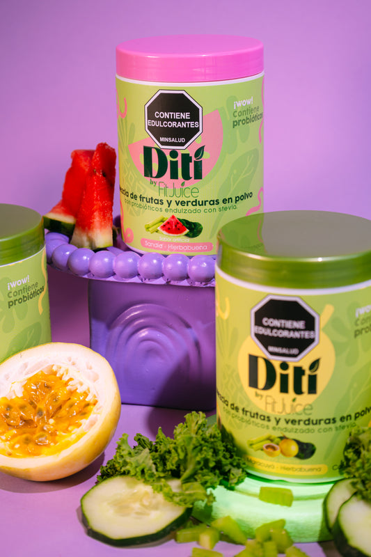 Two green containers labeled 'Diti' with a purple background, surrounded by fruits and vegetables.