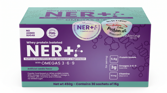 Box of NER++ whey protein isolate with purple and green design, con omegas 3,6,9 para bbl