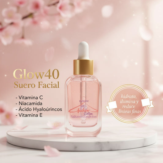 Facial serum bottle with dropper on a pink floral background, featuring product details and benefits.