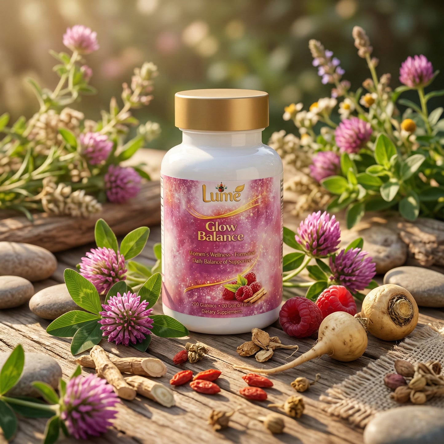 Supplement bottle labeled 'Glow Balance' surrounded by natural elements like flowers and fruits on a wooden surface.