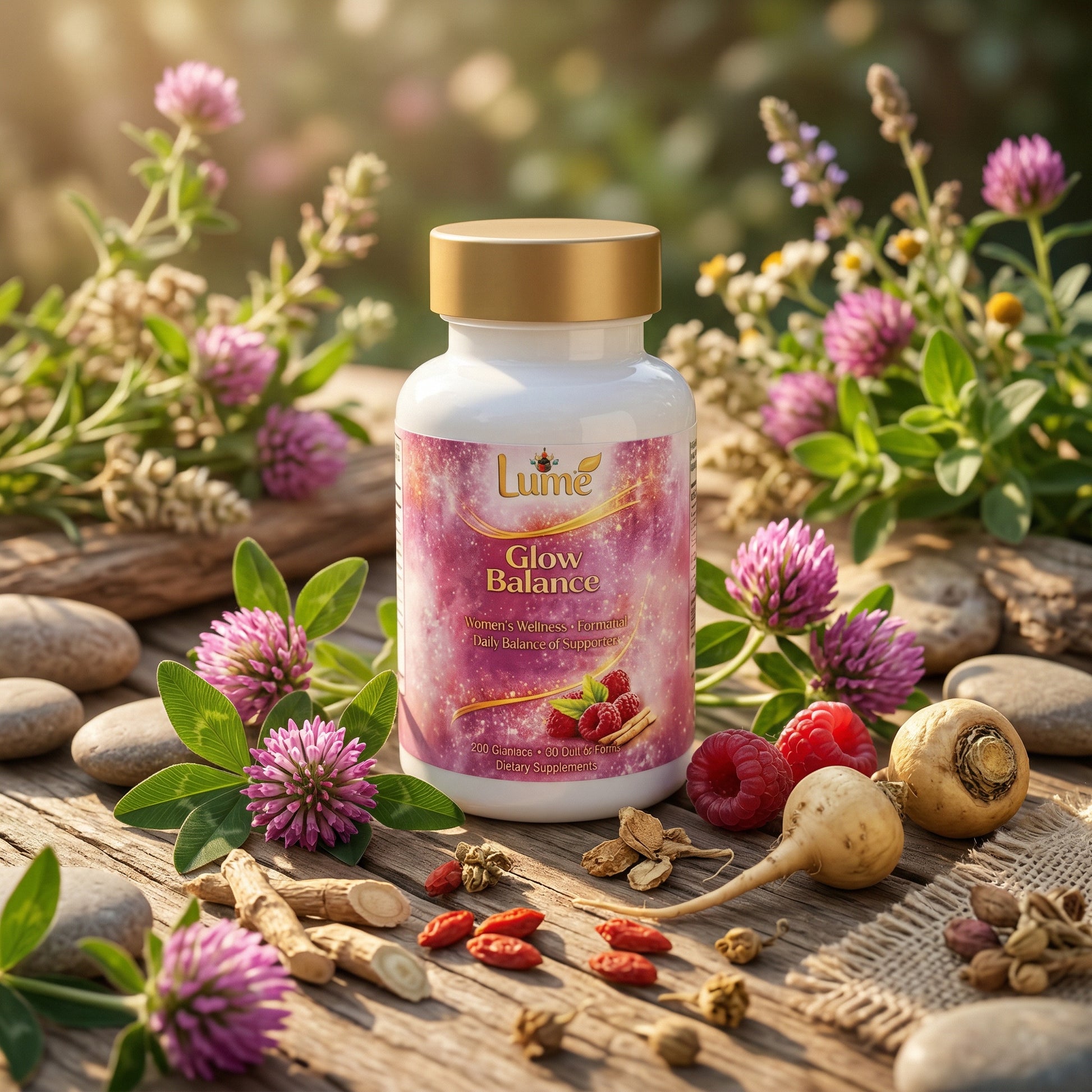 Supplement bottle labeled 'Glow Balance' surrounded by natural elements like flowers and fruits on a wooden surface.