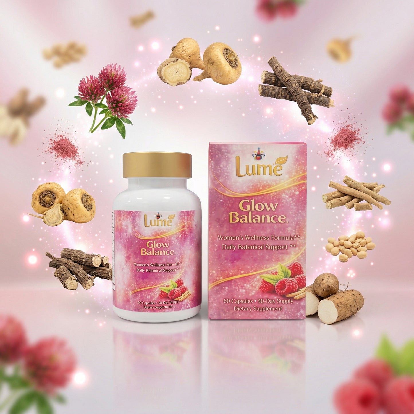 Lume Glow Balance supplement bottle and packaging on a decorative background with flowers and herbs.