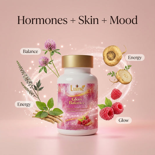 Supplement bottle labeled 'Glow Balance' with natural elements on a pink background, posbion, menopausia